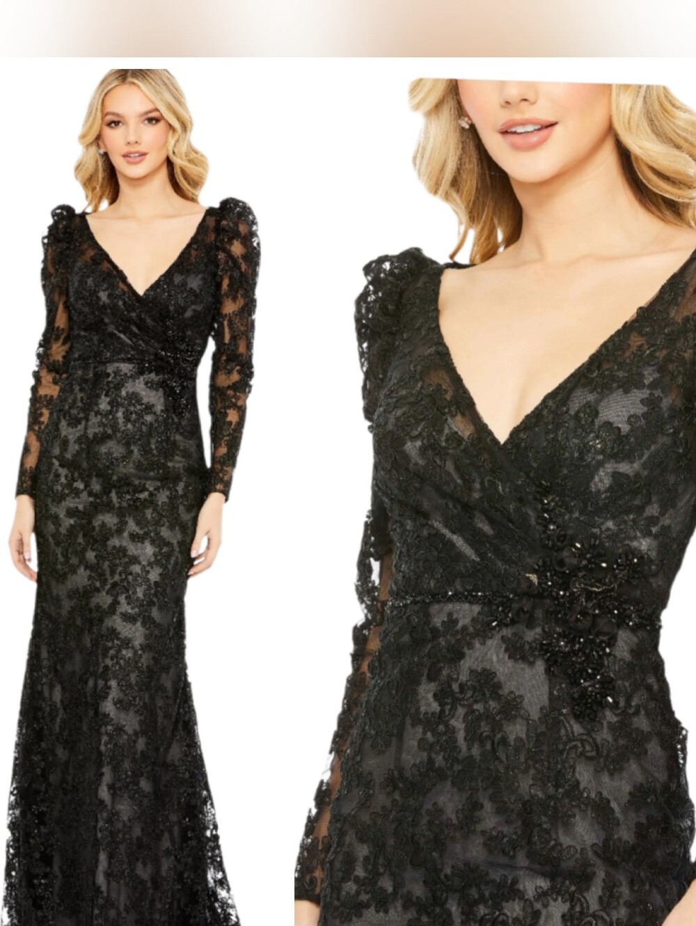 Mac Duggal 11324 Formal Black Lace Embroidered Gown Long Sleeve Evening Dress 10